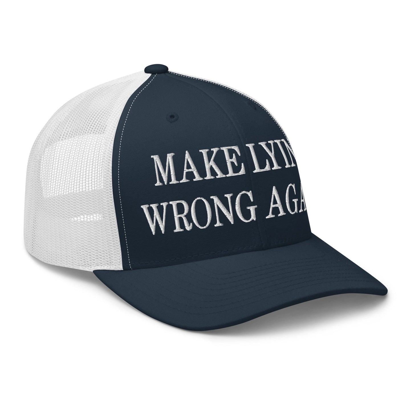 Make Lying Wrong Again Embroidered Mesh Trucker Hat Navy White