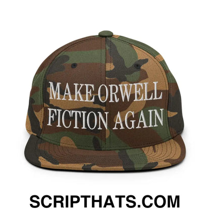 Make Orwell Fiction Again Embroidered Flat Bill Brim Snapback Hat Green Camo