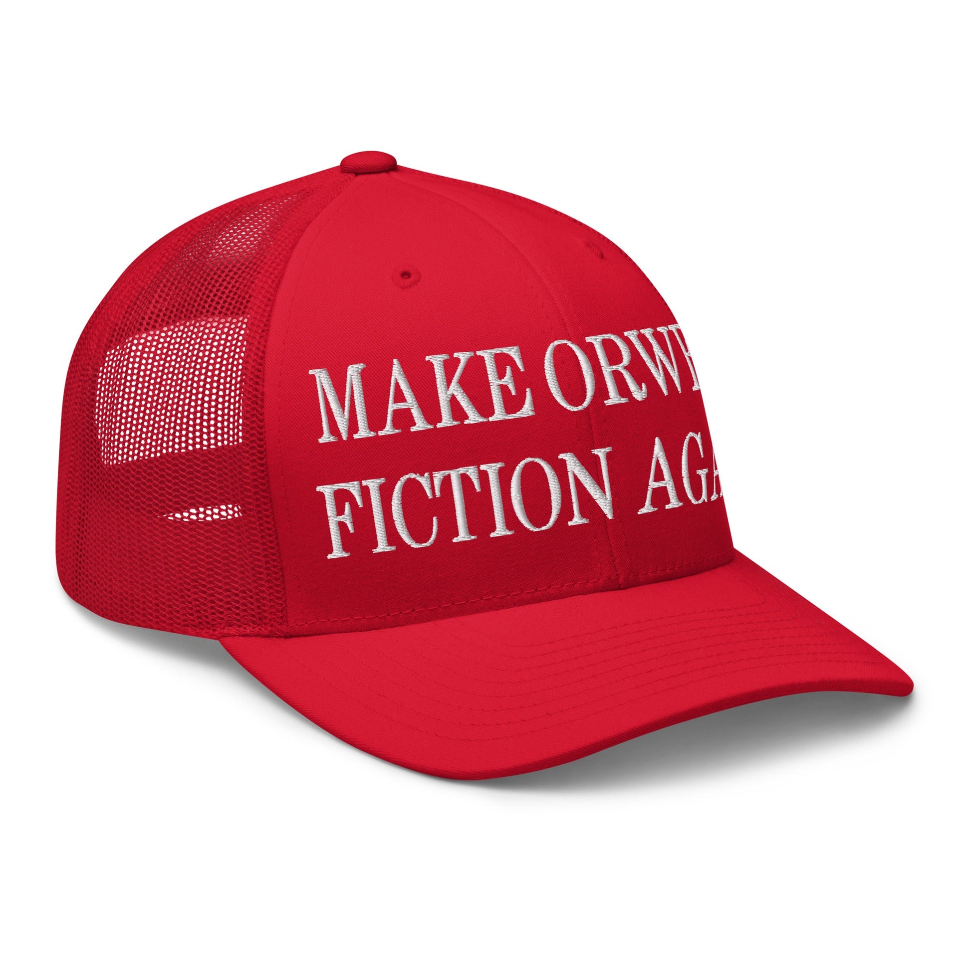 Make Orwell Fiction Again Embroidered Mesh Trucker Hat Red