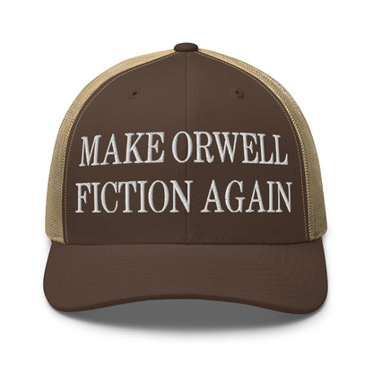 Make Orwell Fiction Again Embroidered Mesh Trucker Hat Brown Khaki