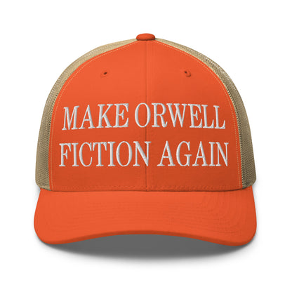 Make Orwell Fiction Again Embroidered Mesh Trucker Hat Rustic Orange Khaki