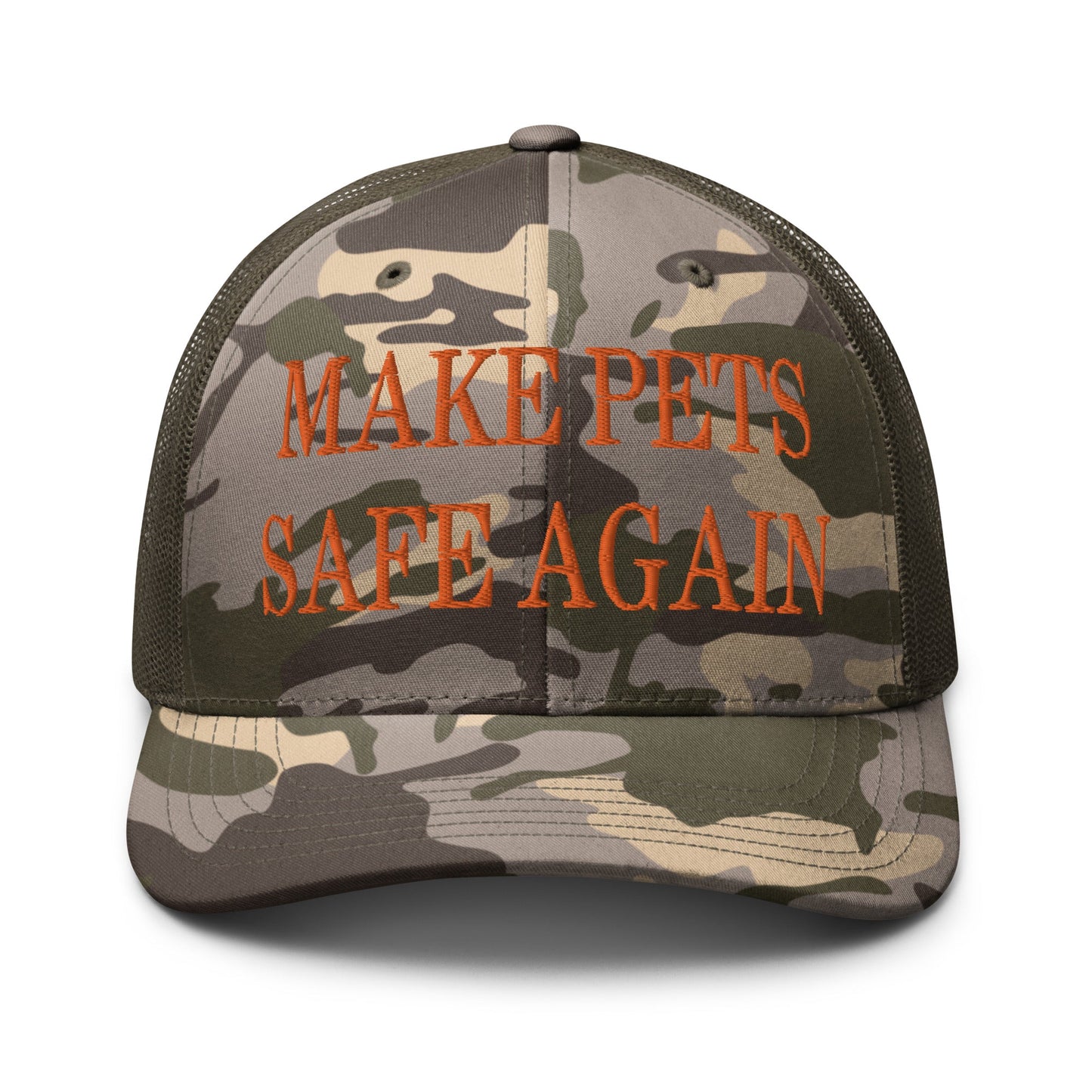 Make Pets Safe Again Embroidered Orange Camo Trucker Hat Camo Olive