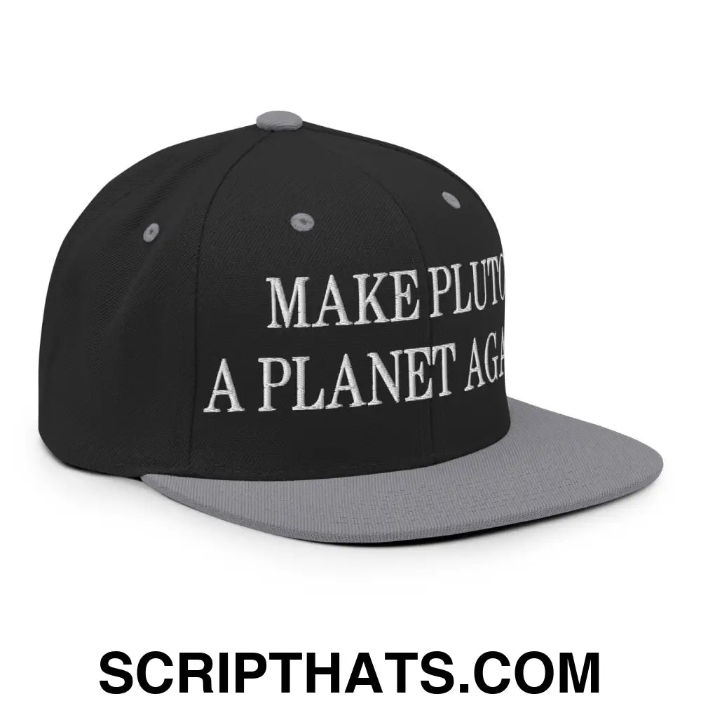 Make Pluto a Planet Again Embroidered Flat Bill Brim Snapback Hat Black Silver