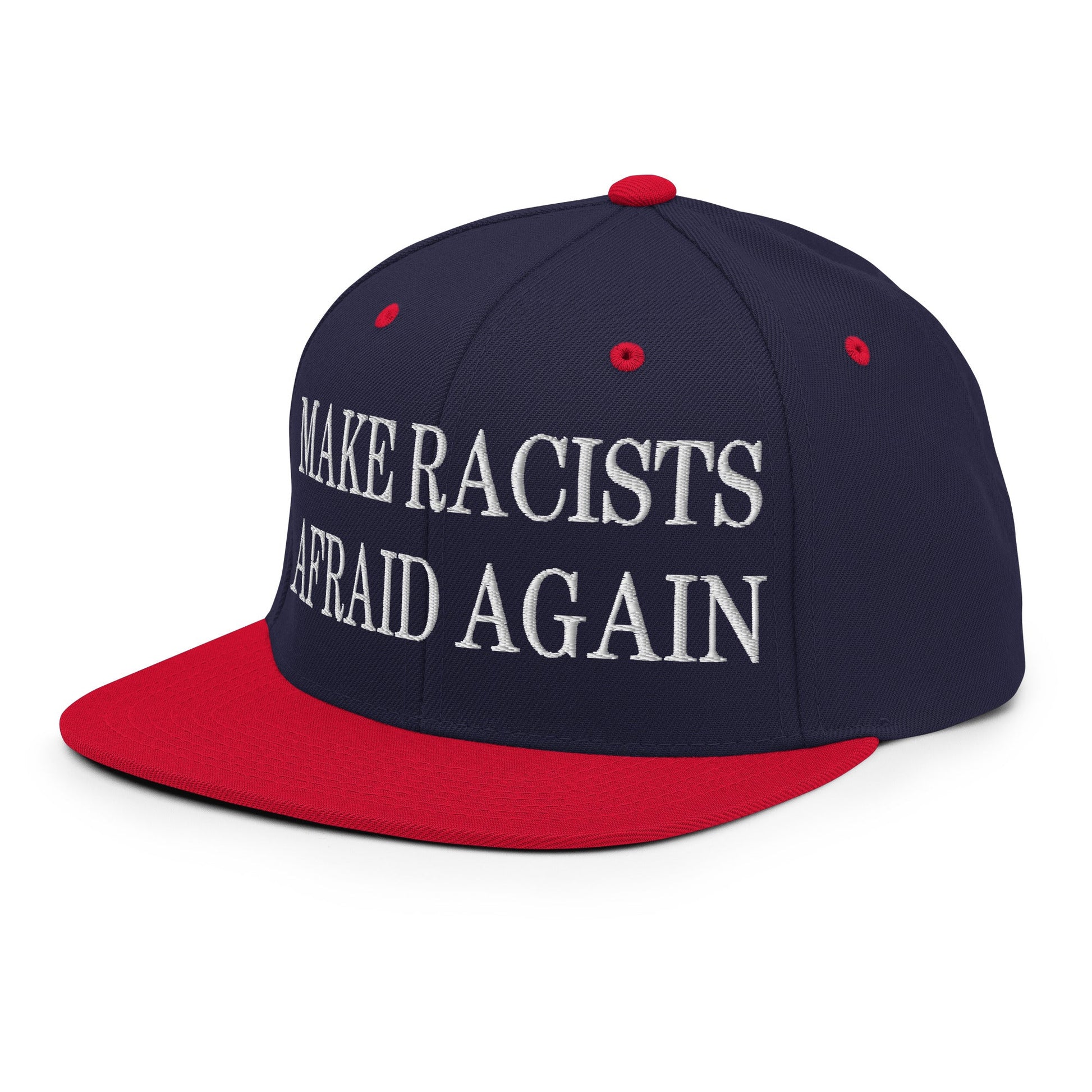 Make Racists Afraid Again Embroidered Flat Bill Brim Snapback Hat Navy Red