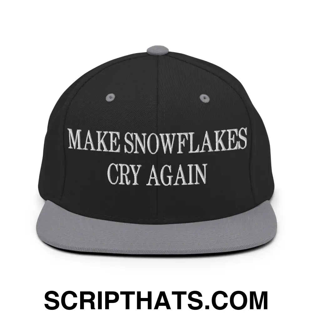 Make Snowflakes Cry Again Embroidered Flat Bill Brim Snapback Hat Black Silver