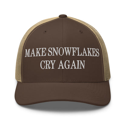 Make Snowflakes Cry Again Embroidered Mesh Trucker Hat Brown Khaki