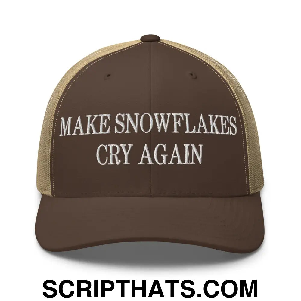 Make Snowflakes Cry Again Embroidered Mesh Trucker Hat Brown Khaki