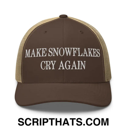 Make Snowflakes Cry Again Embroidered Mesh Trucker Hat Brown Khaki