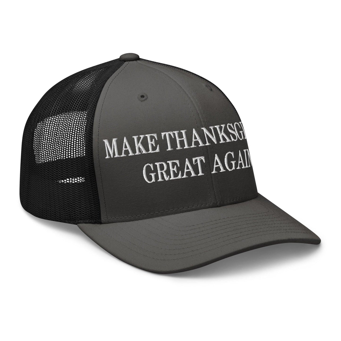 Make Thanksgiving Great Again Embroidered Mesh Trucker Hat Charcoal Black