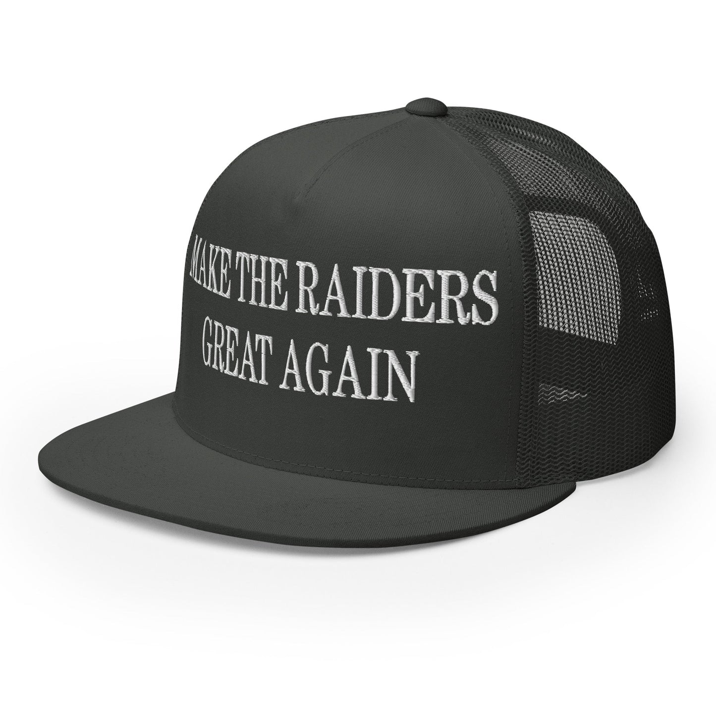 Make The Raiders Great Again Embroidered Mesh Flat Bill Brim Trucker Hat Charcoal