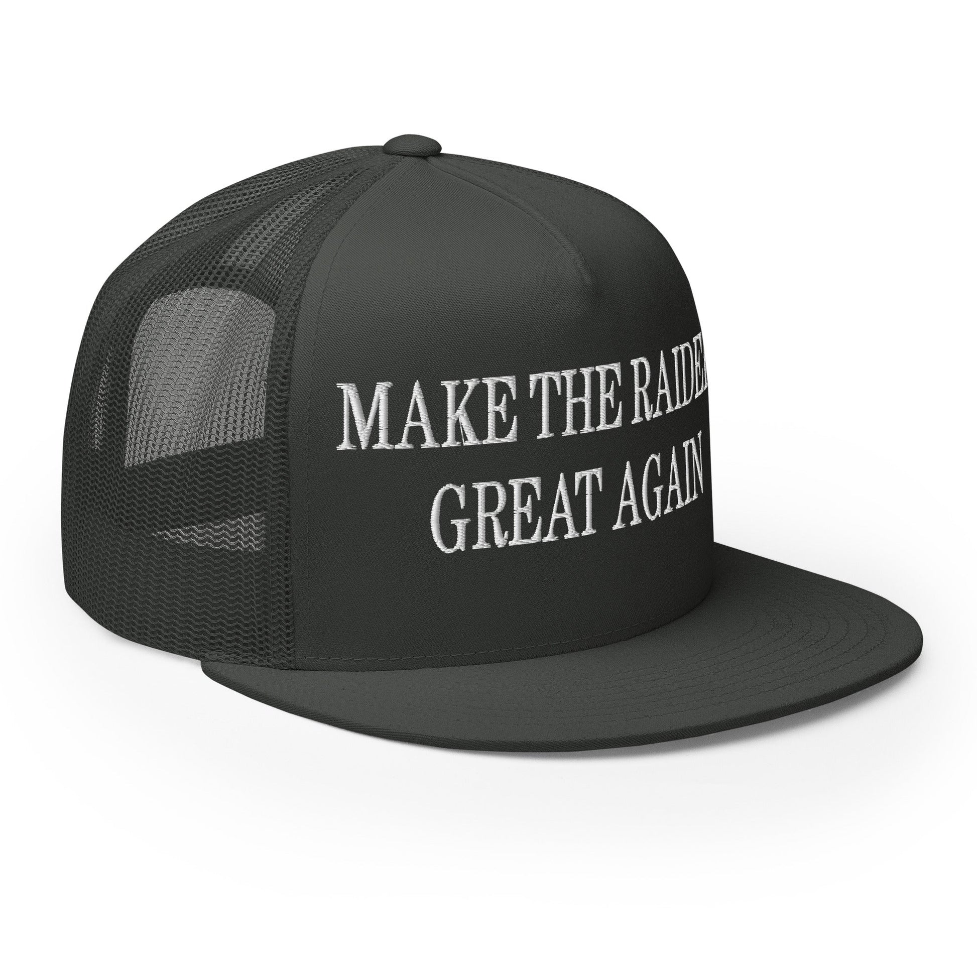 Make The Raiders Great Again Embroidered Mesh Flat Bill Brim Trucker Hat Charcoal