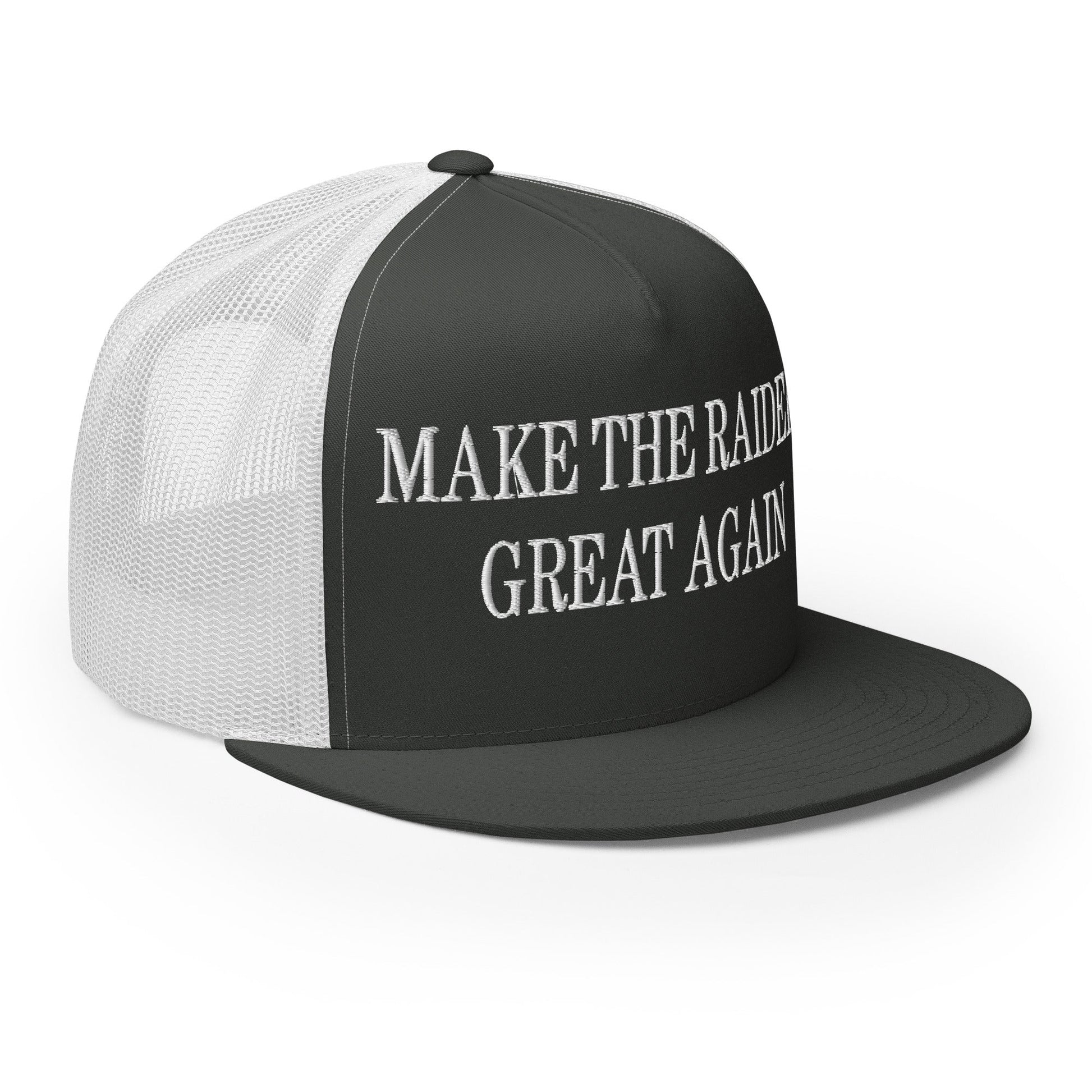 Make The Raiders Great Again Embroidered Mesh Flat Bill Brim Trucker Hat Charcoal White