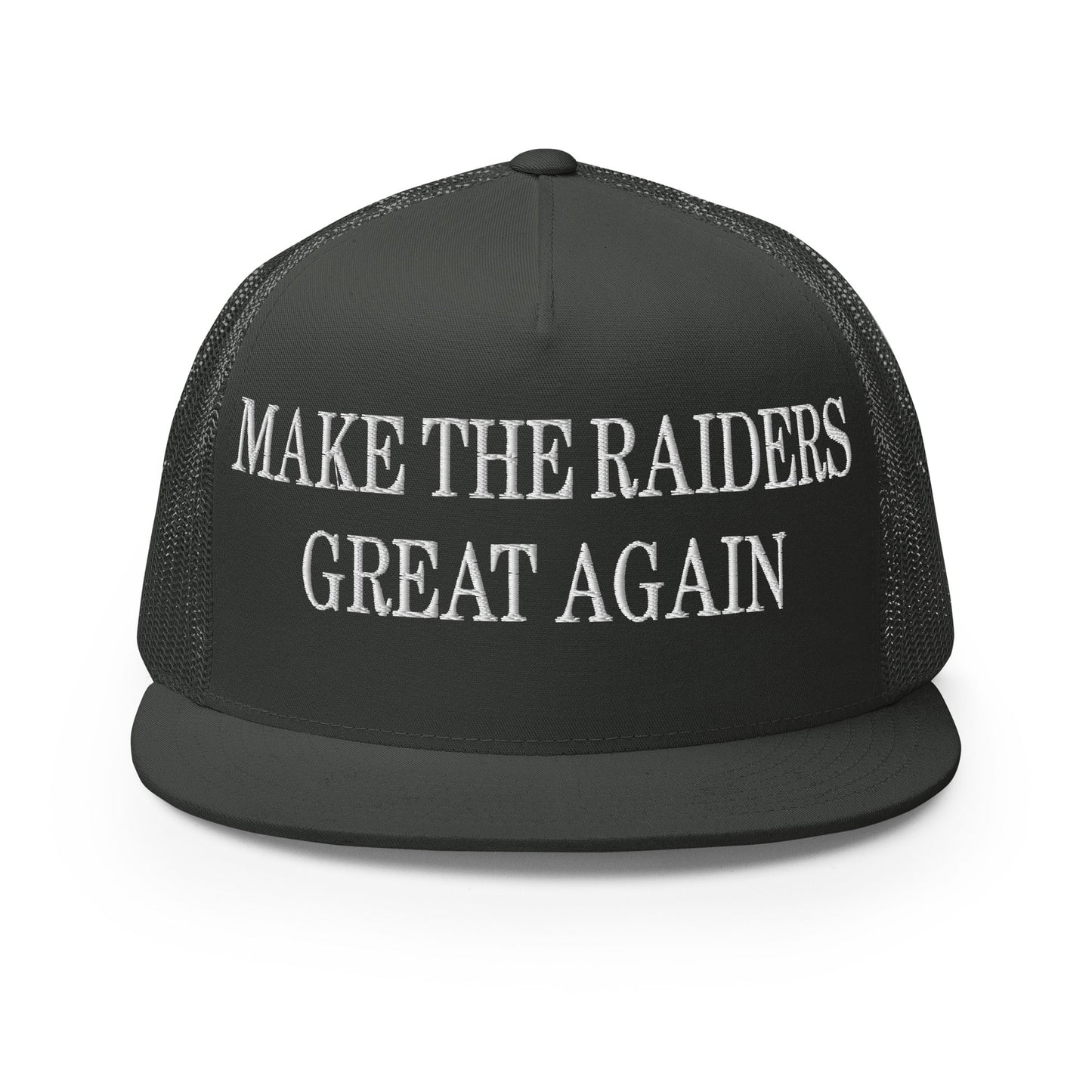 Make The Raiders Great Again Embroidered Mesh Flat Bill Brim Trucker Hat Charcoal