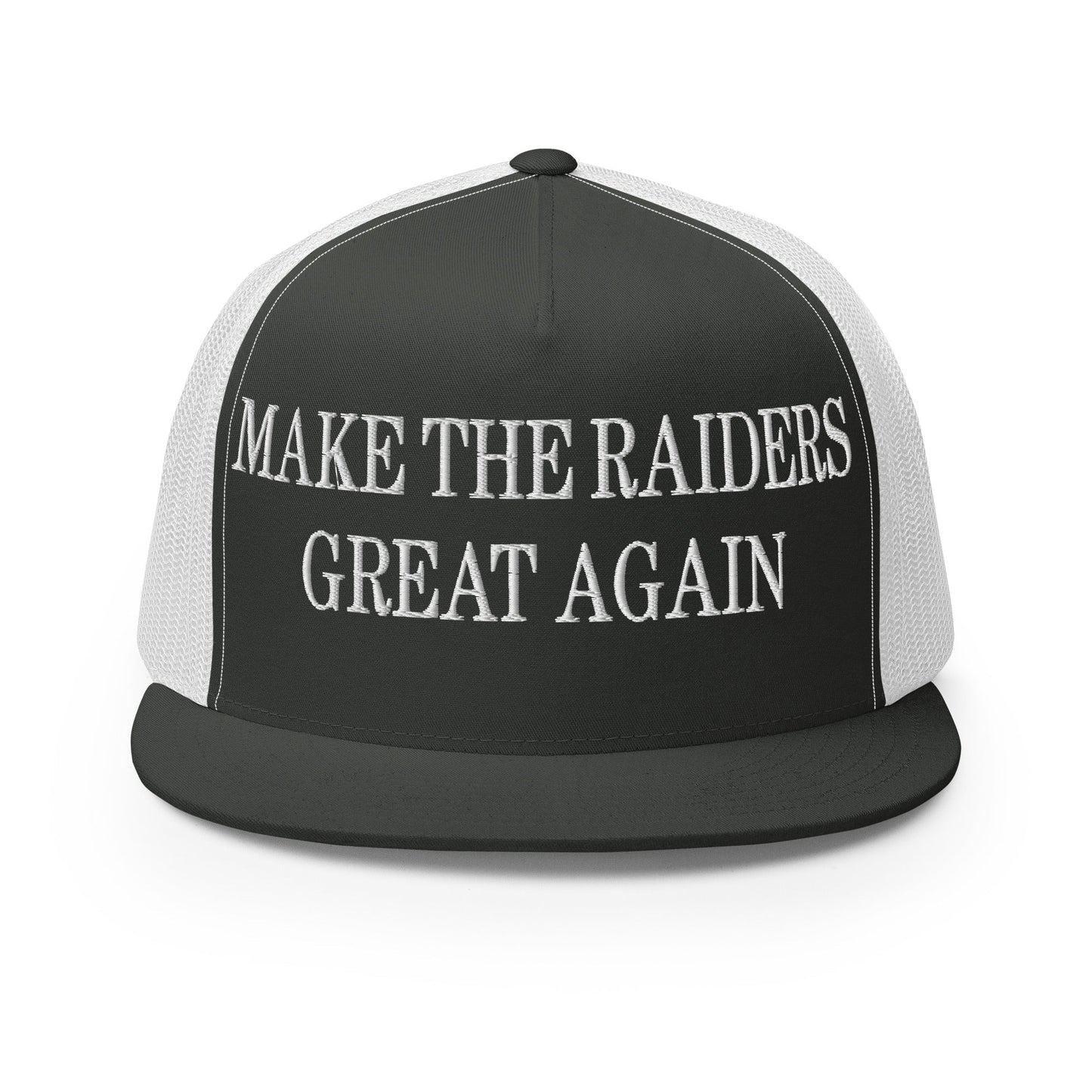 Make The Raiders Great Again Embroidered Mesh Flat Bill Brim Trucker Hat Charcoal White