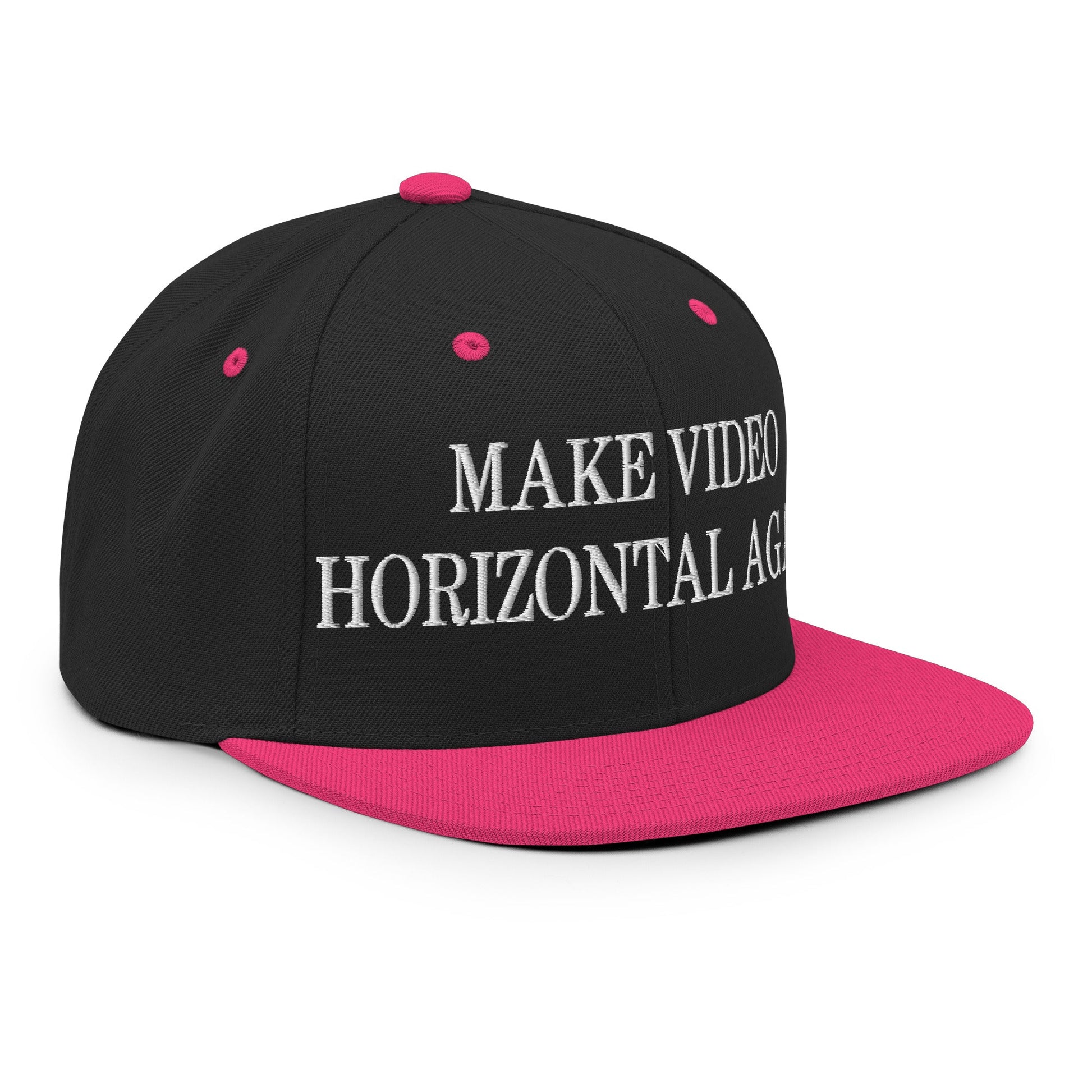 Make Video Horizontal Again Embroidered Flat Bill Brim Snapback Hat Black Neon Pink