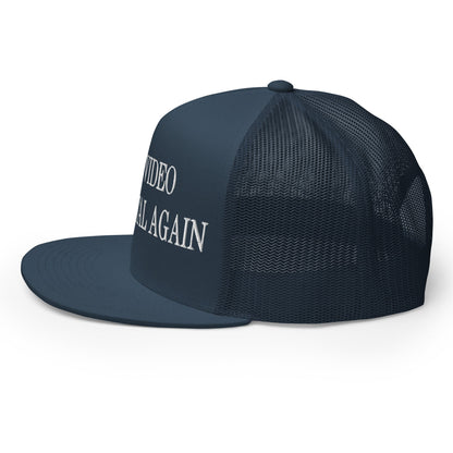 Make Video Horizontal Again Embroidered Mesh Flat Bill Brim Trucker Hat Navy