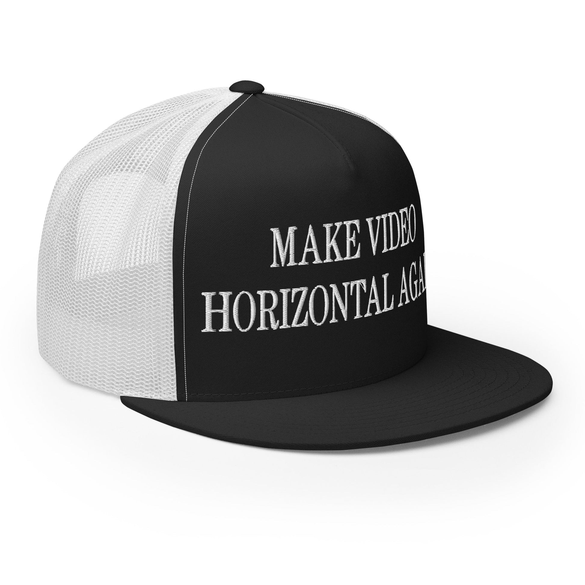 Make Video Horizontal Again Embroidered Mesh Flat Bill Brim Trucker Hat Black White