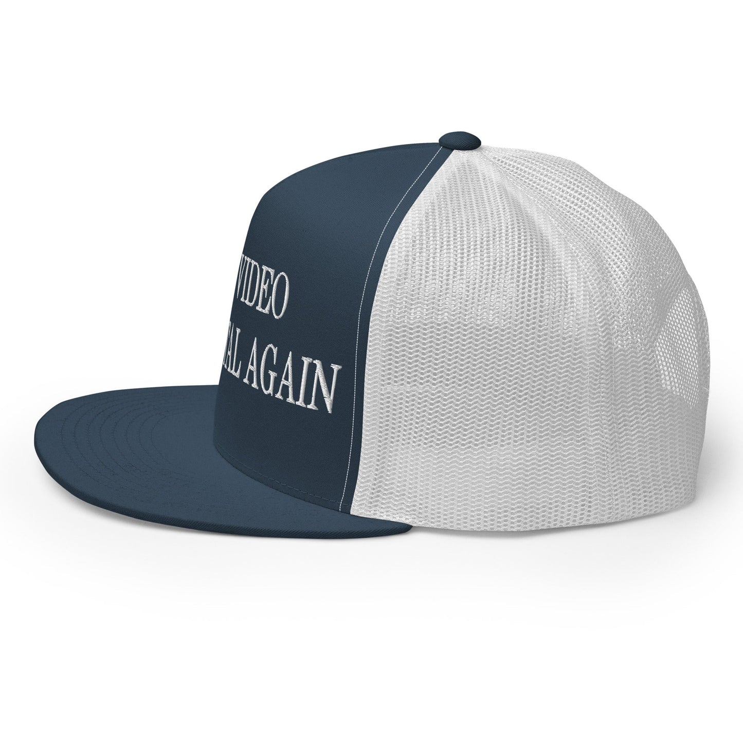 Make Video Horizontal Again Embroidered Mesh Flat Bill Brim Trucker Hat Navy White