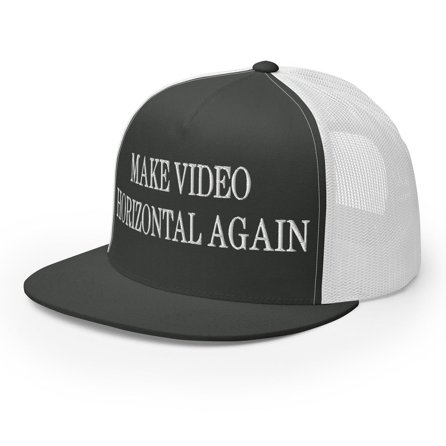 Make Video Horizontal Again Embroidered Mesh Flat Bill Brim Trucker Hat Charcoal White