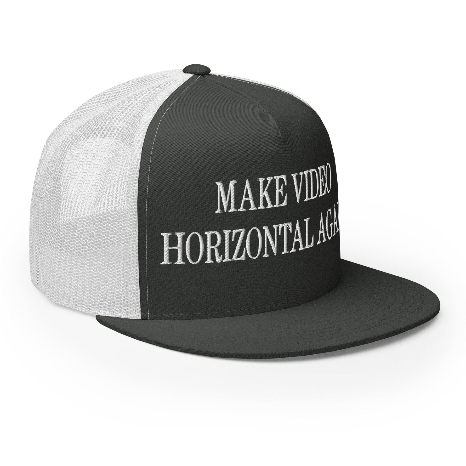 Make Video Horizontal Again Embroidered Mesh Flat Bill Brim Trucker Hat Charcoal White