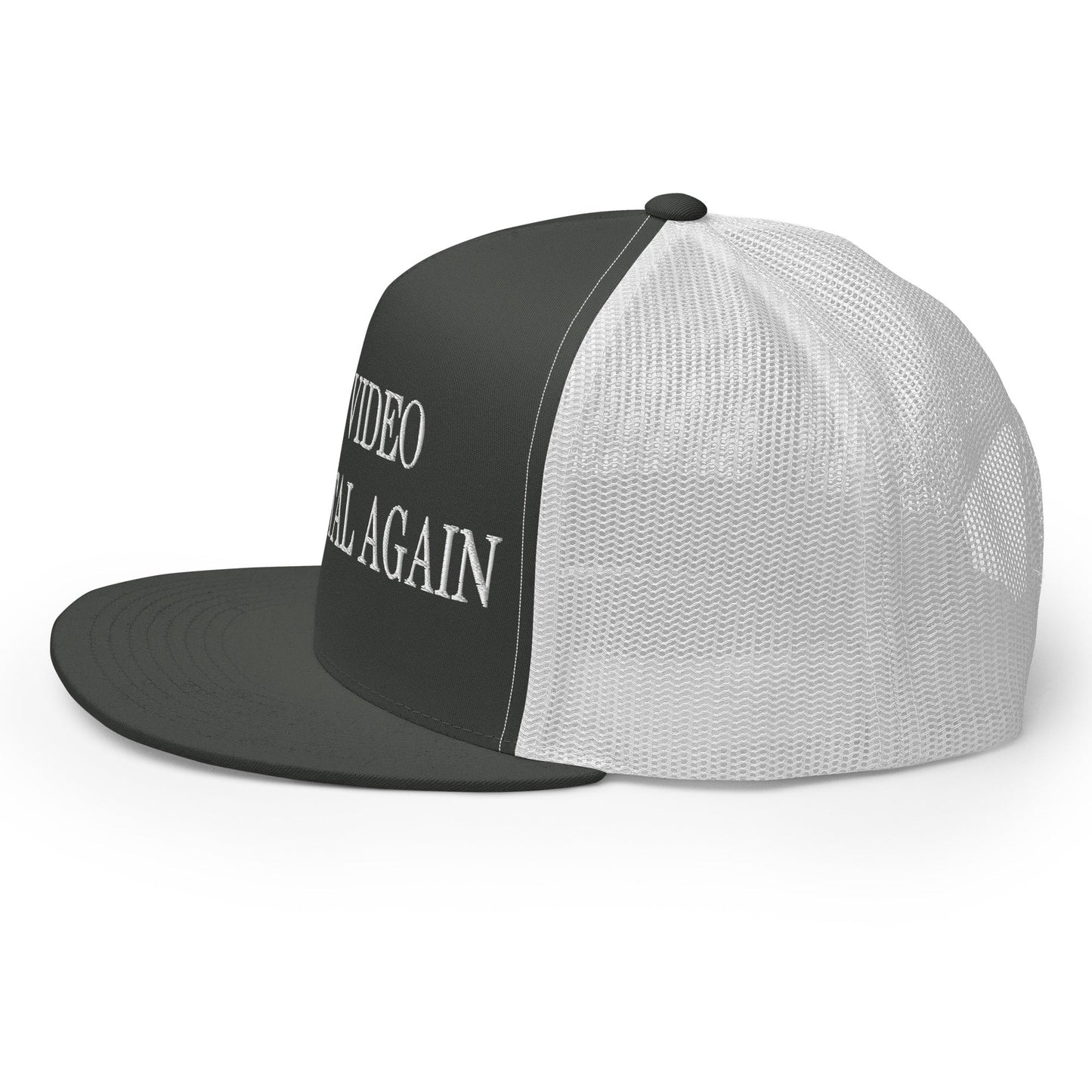 Make Video Horizontal Again Embroidered Mesh Flat Bill Brim Trucker Hat Charcoal White