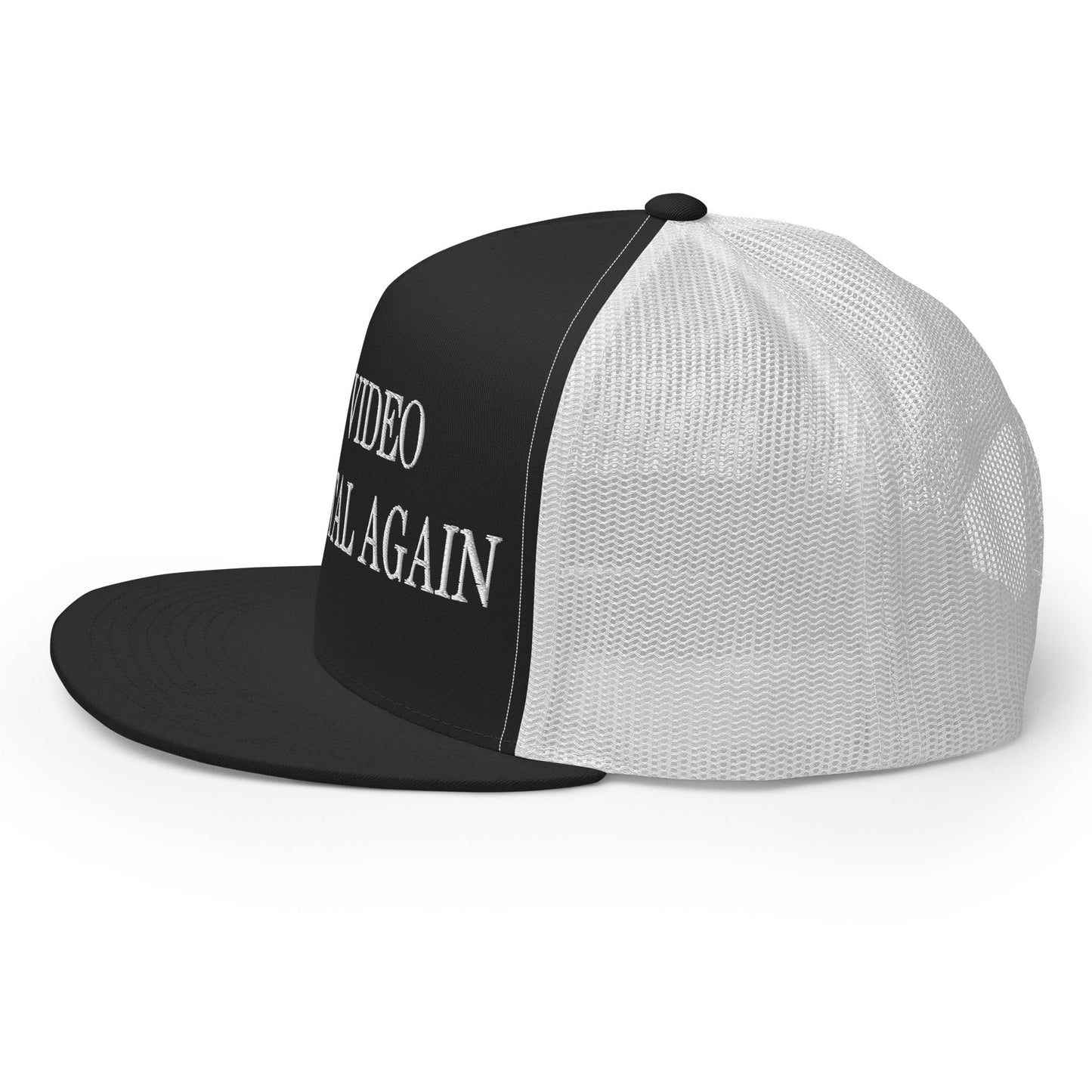 Make Video Horizontal Again Embroidered Mesh Flat Bill Brim Trucker Hat Black White