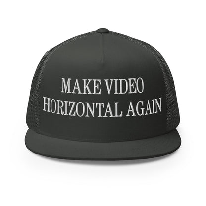 Make Video Horizontal Again Embroidered Mesh Flat Bill Brim Trucker Hat Charcoal