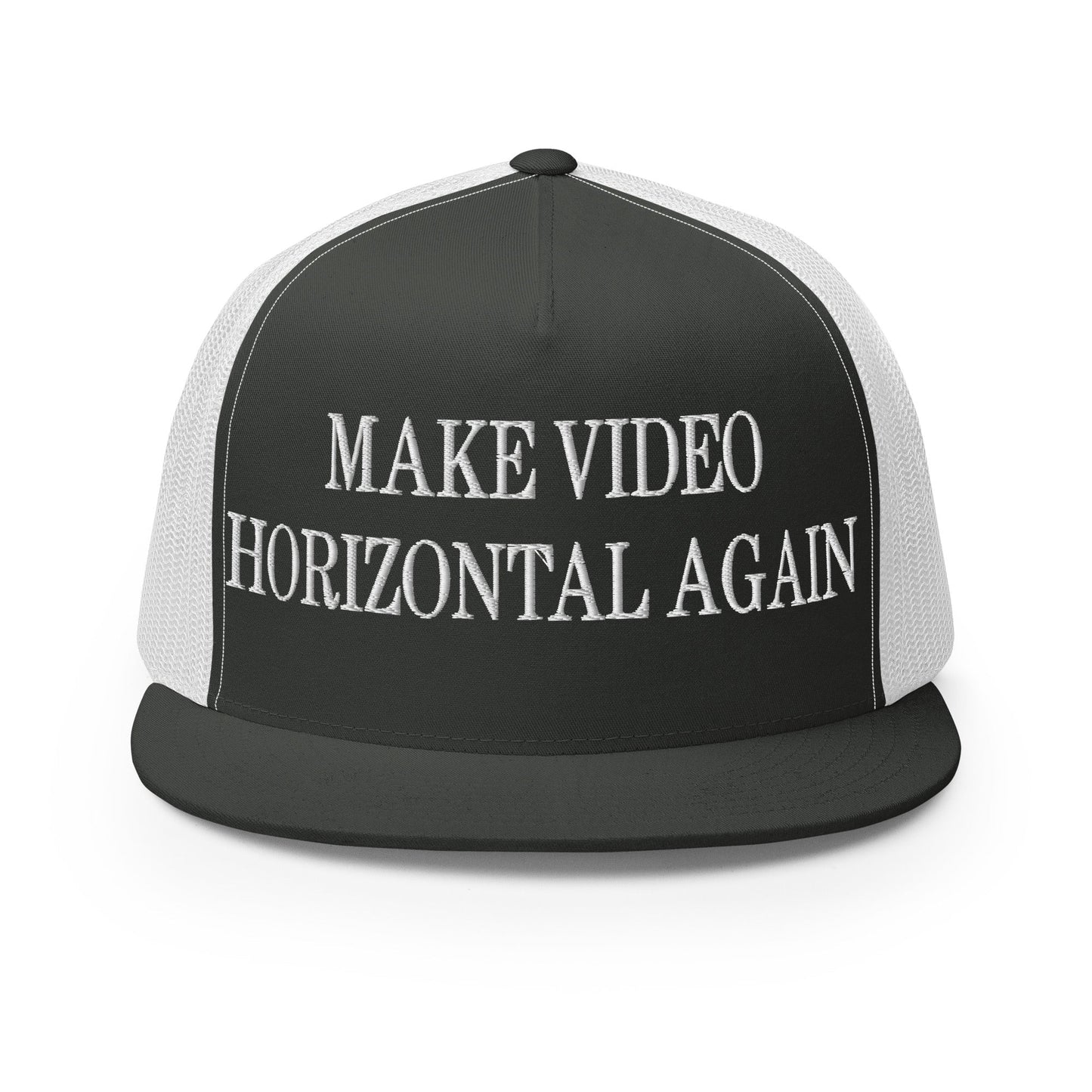 Make Video Horizontal Again Embroidered Mesh Flat Bill Brim Trucker Hat Charcoal White