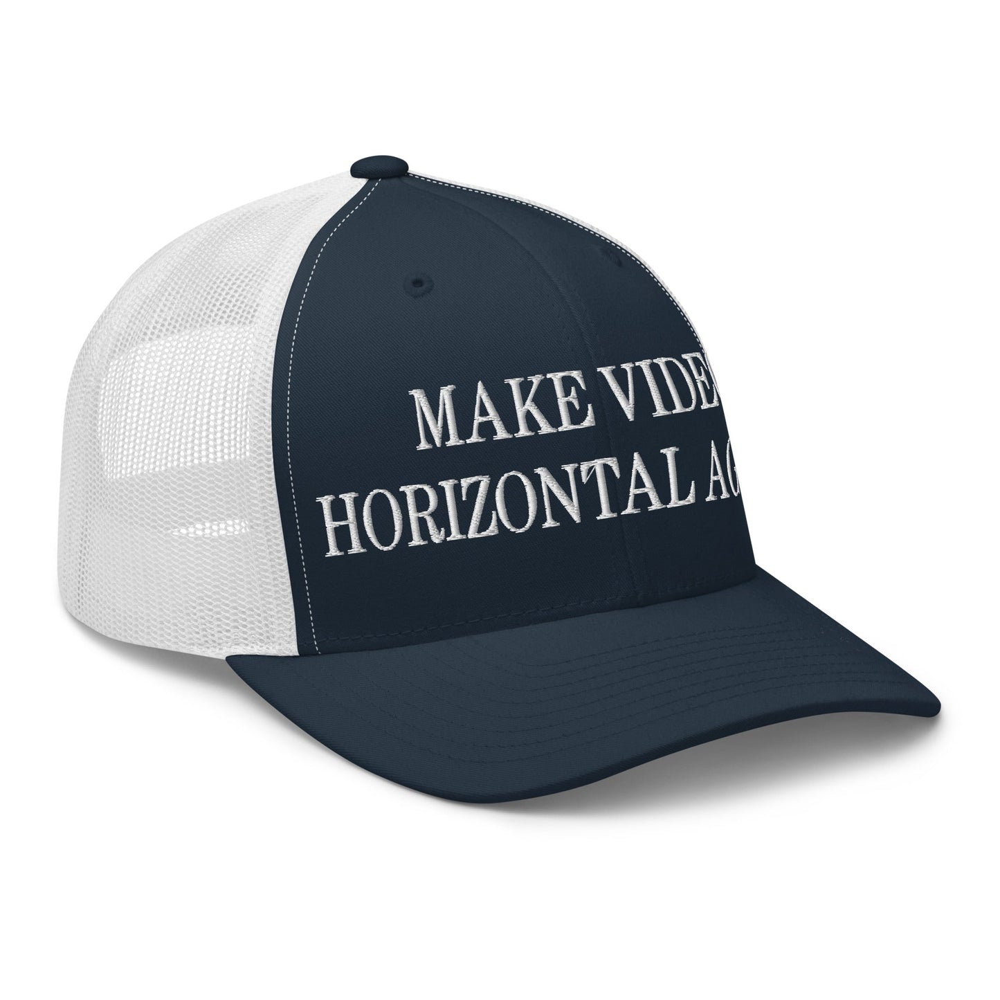 Make Video Horizontal Again Embroidered Mesh Trucker Hat Navy White