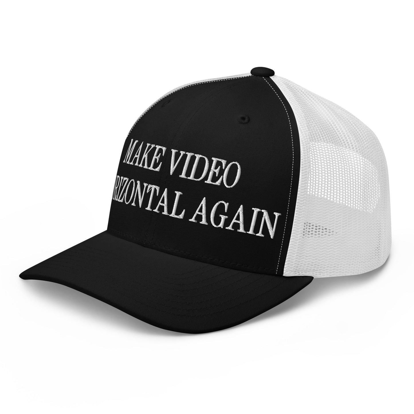 Make Video Horizontal Again Embroidered Mesh Trucker Hat Black White