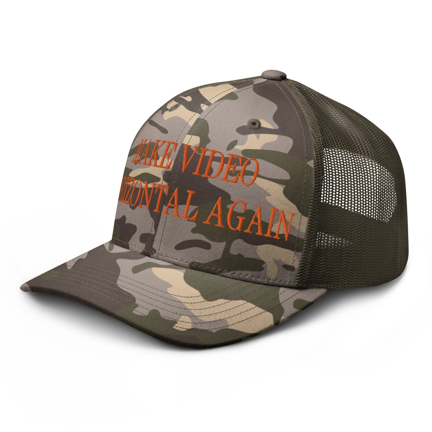 Make Video Horizontal Again Embroidered Orange Camo Trucker Hat Camo Olive