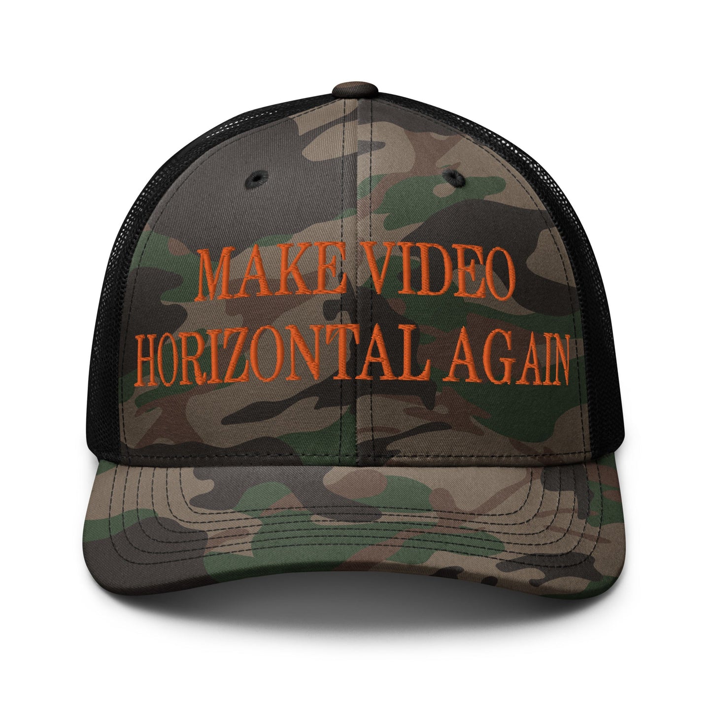 Make Video Horizontal Again Embroidered Orange Camo Trucker Hat Camo Black