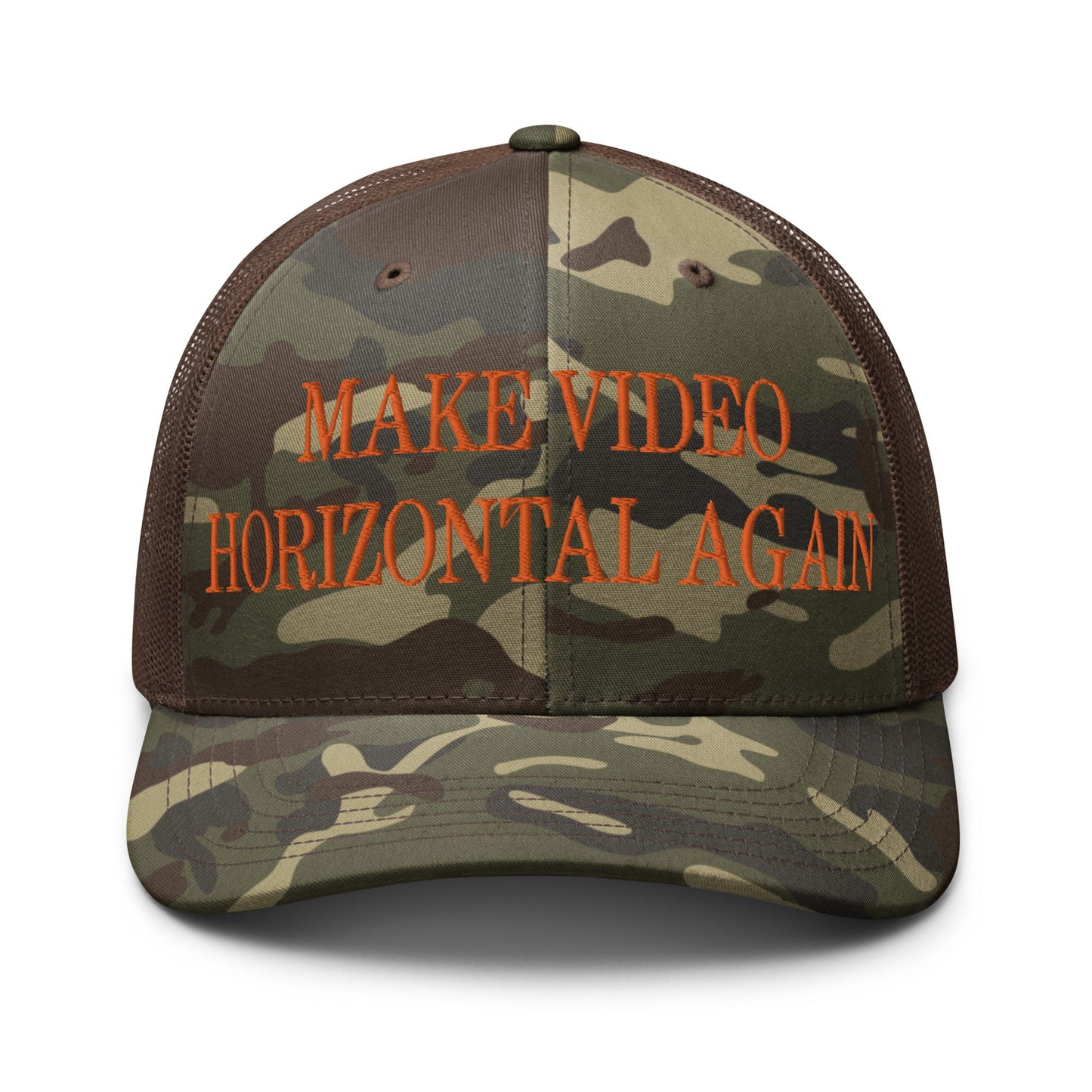 Make Video Horizontal Again Embroidered Orange Camo Trucker Hat Camo Brown