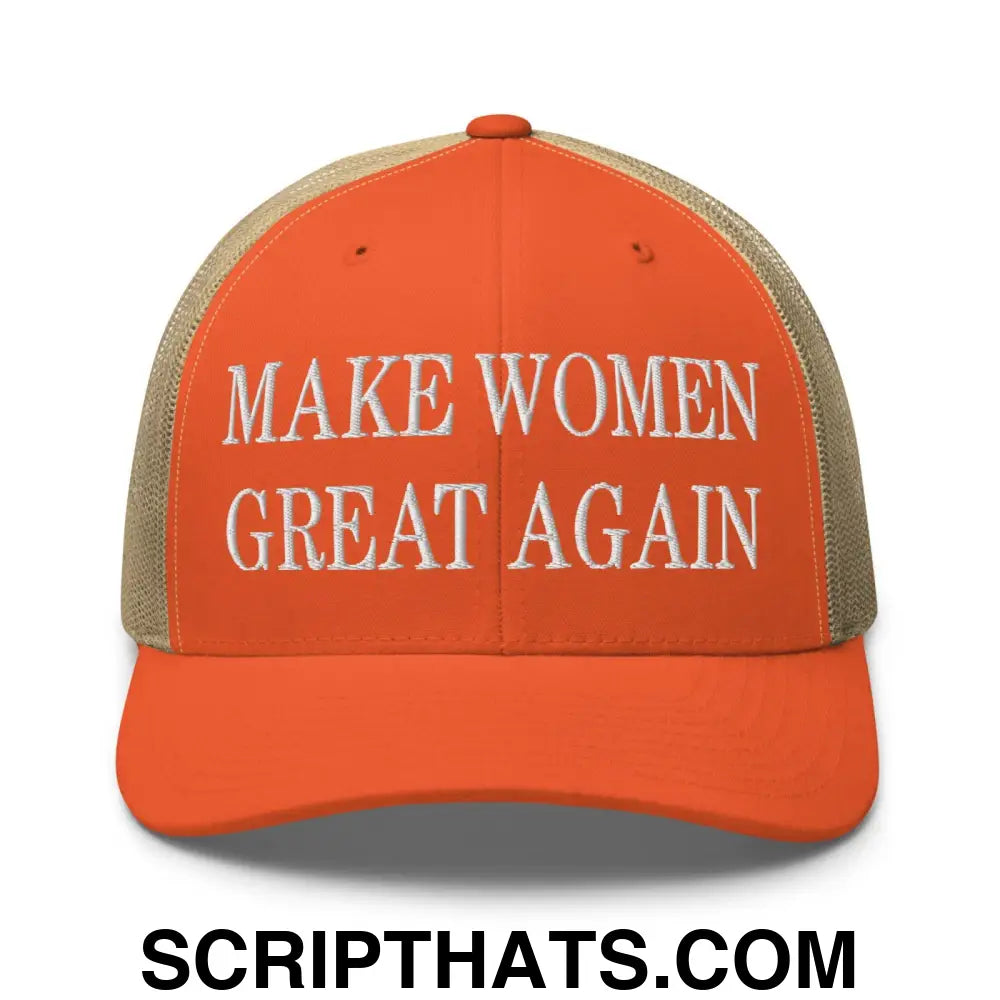 Make Women Great Again Embroidered Mesh Trucker Hat Rustic Orange Khaki