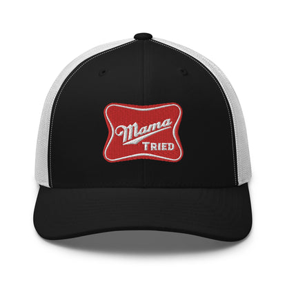 Mama Tried Parody III Retro Trucker Hat Black White