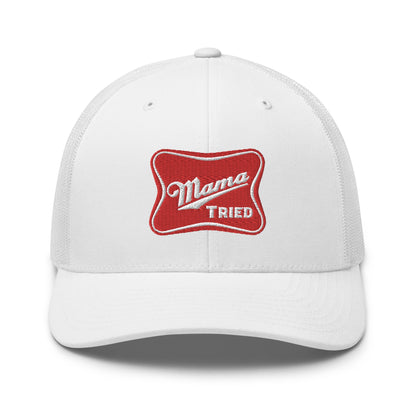 Mama Tried Parody III Retro Trucker Hat White