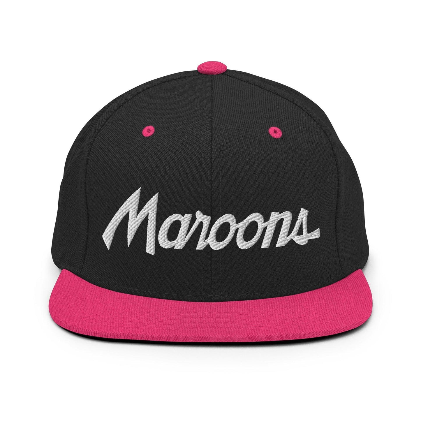 Maroons School Mascot Script Snapback Hat Black Neon Pink