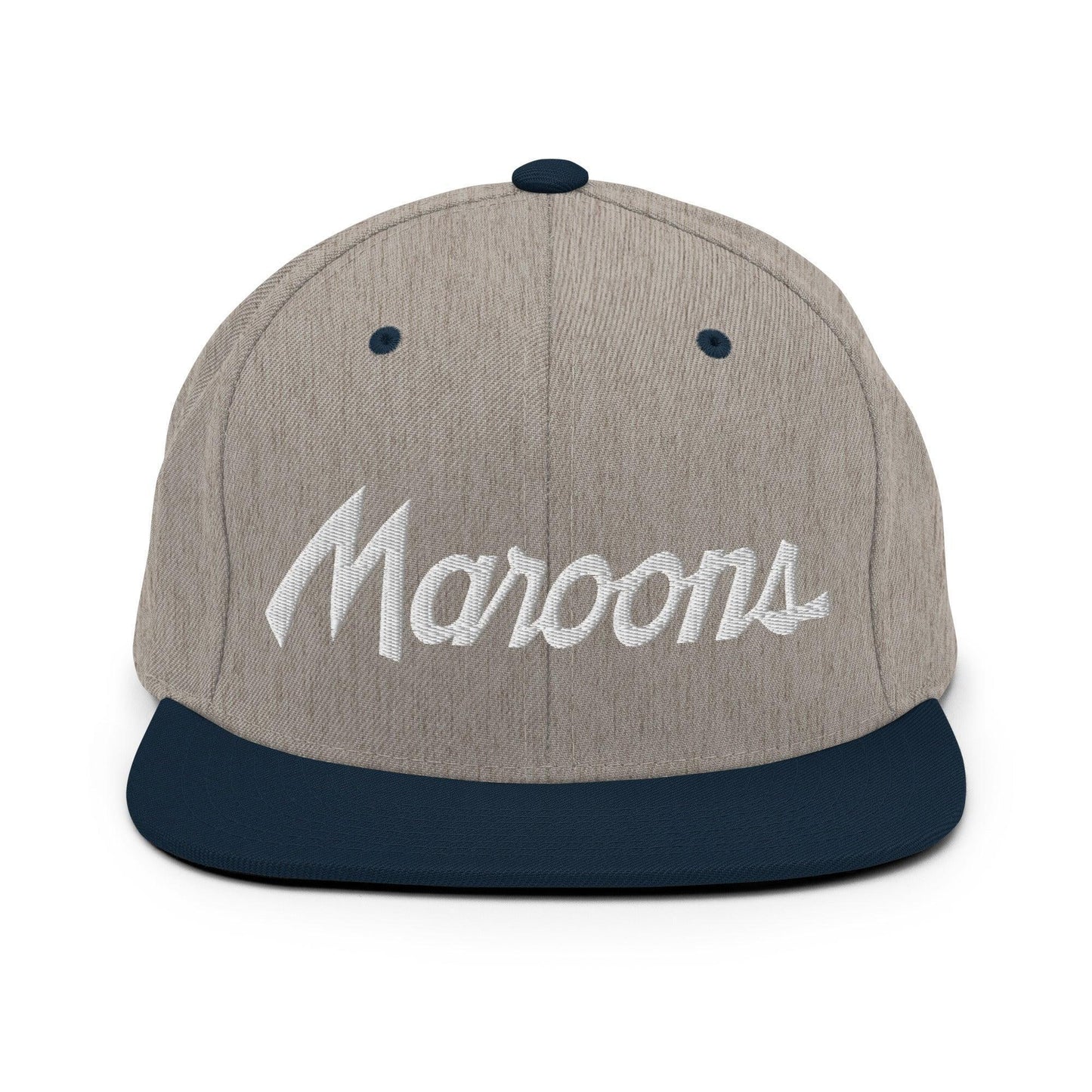 Maroons School Mascot Script Snapback Hat Heather Grey Navy