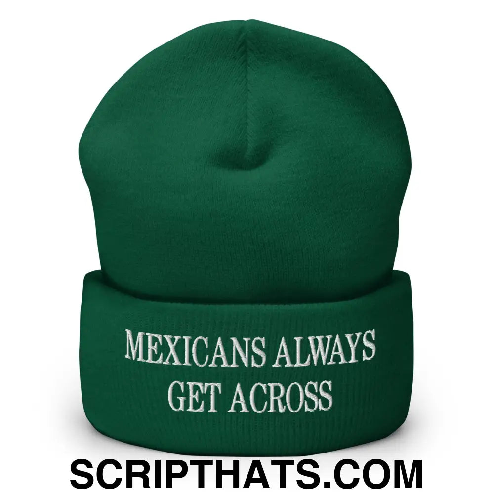 Mexicans Always Get Across Embroidered Knit Cuffed Beanie Spruce