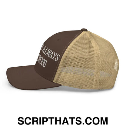 Mexicans Always Get Across Embroidered Mesh Trucker Hat Brown Khaki