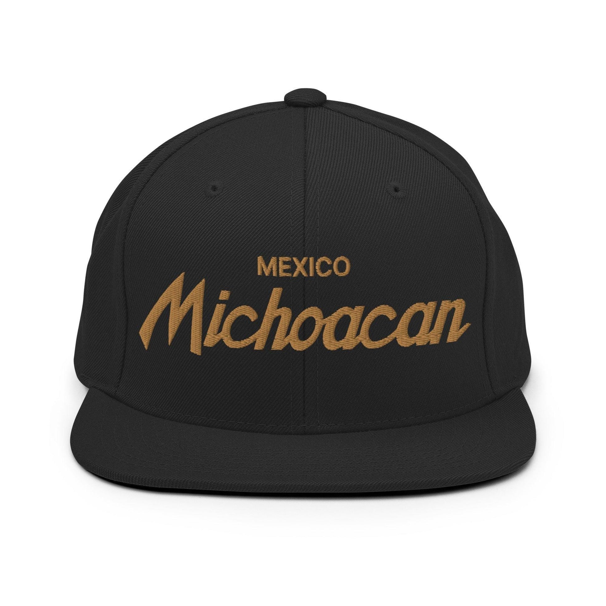 Michoacan Mexico Gold Vintage Sports Script Snapback Hat Black