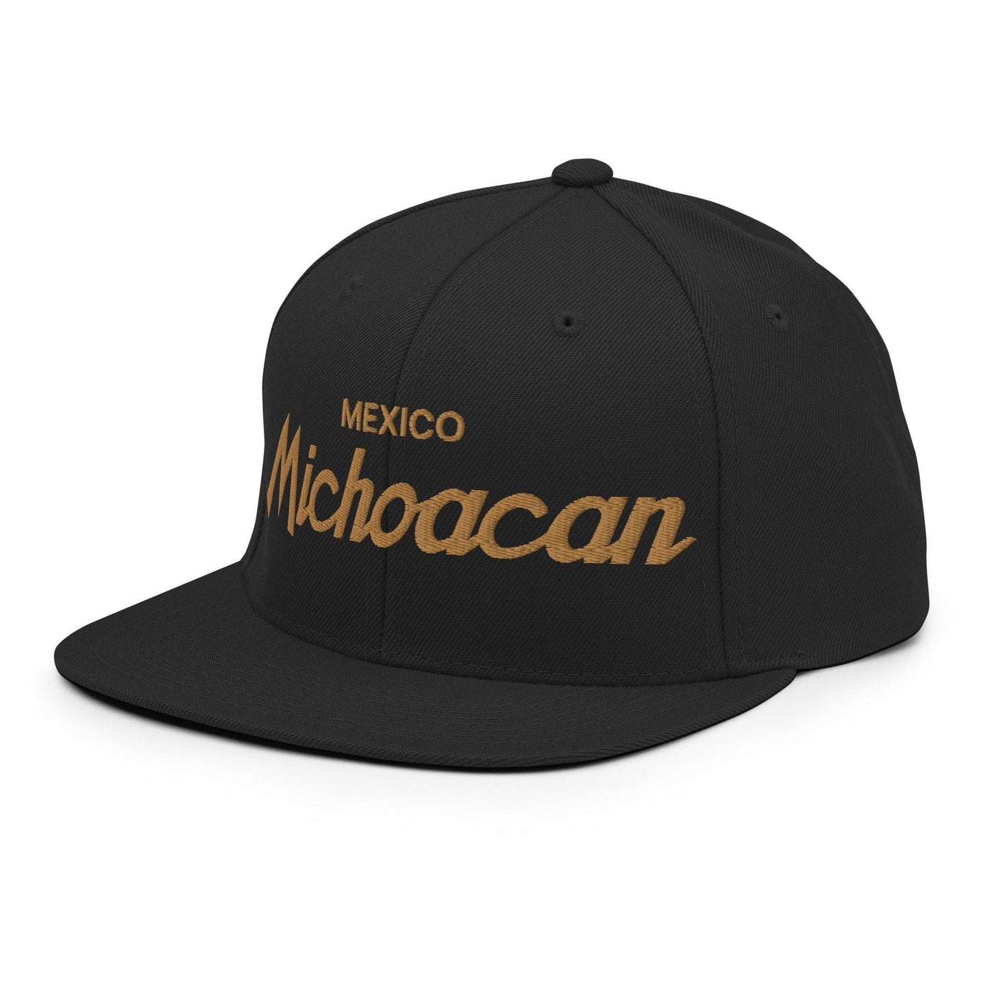 Michoacan Mexico Gold Vintage Sports Script Snapback Hat Black