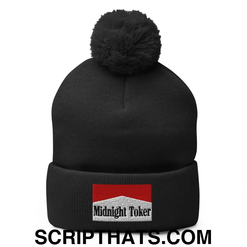 Midnight Toker Embroidered Knit Pom Pom Beanie Black