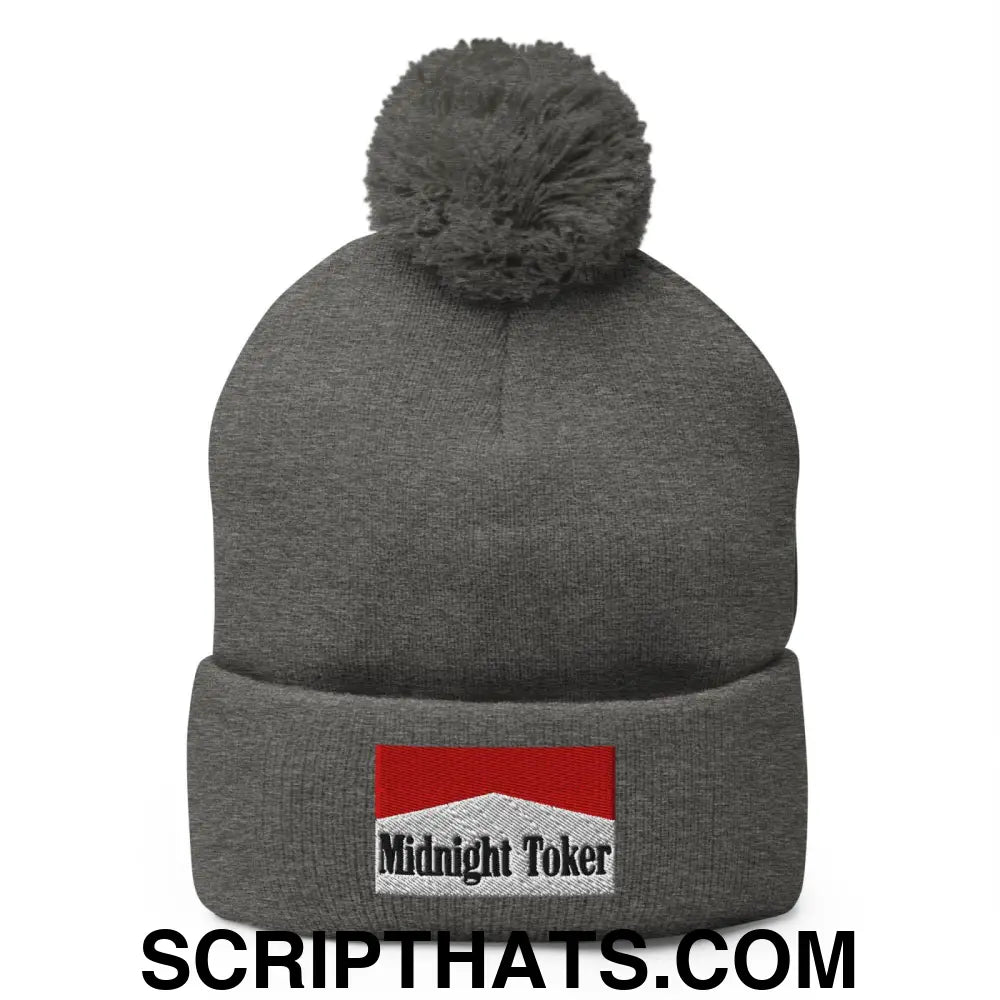 Midnight Toker Embroidered Knit Pom Pom Beanie Dark Heather Grey