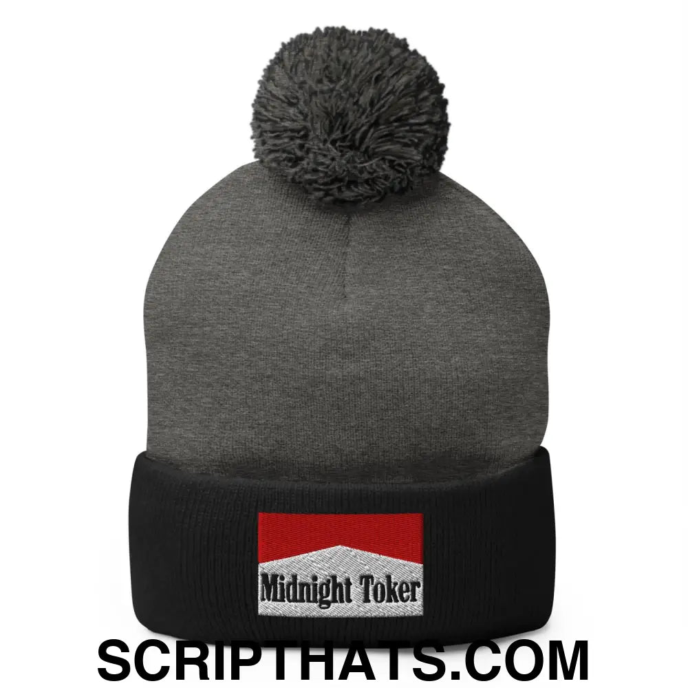 Midnight Toker Embroidered Knit Pom Pom Beanie Dark Heather Grey Black