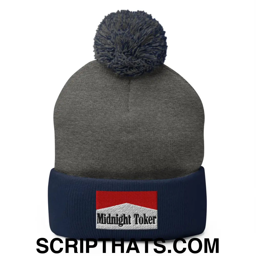 Midnight Toker Embroidered Knit Pom Pom Beanie Dark Heather Grey Navy