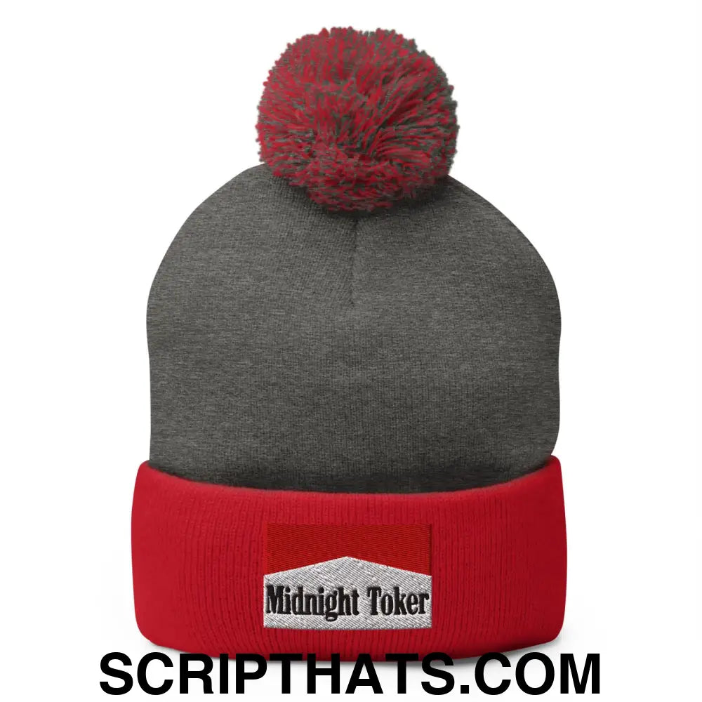 Midnight Toker Embroidered Knit Pom Pom Beanie Dark Heather Grey Red