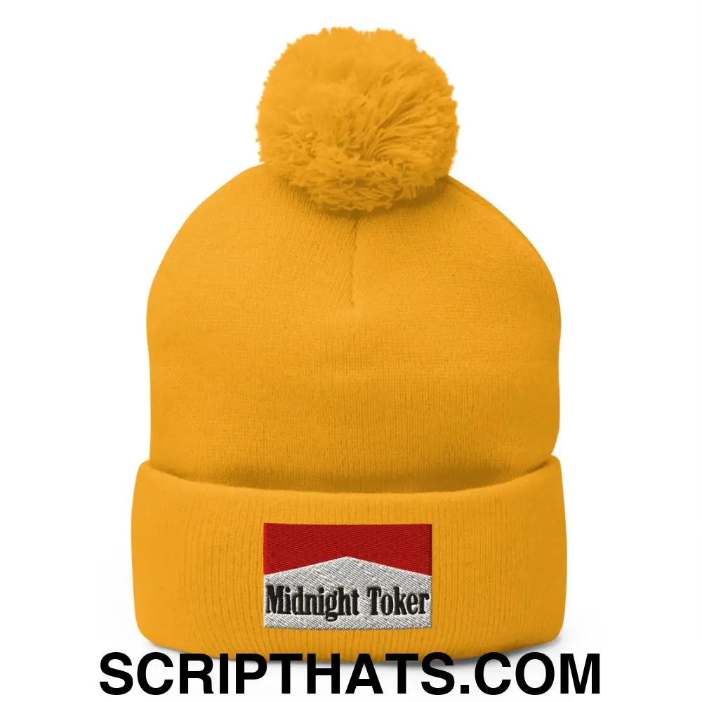 Midnight Toker Embroidered Knit Pom Pom Beanie Gold