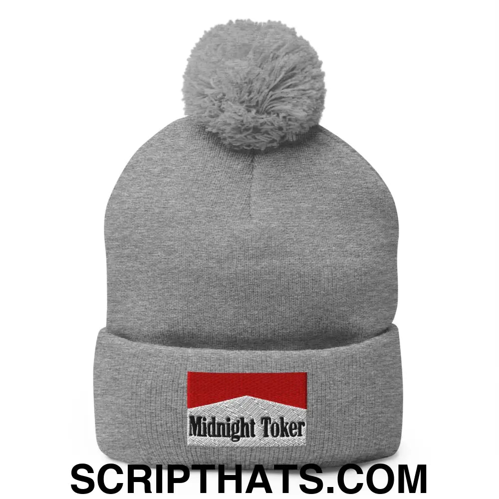 Midnight Toker Embroidered Knit Pom Pom Beanie Heather Grey