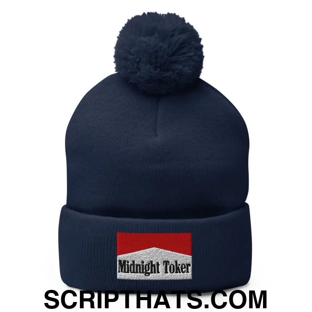 Midnight Toker Embroidered Knit Pom Pom Beanie Navy